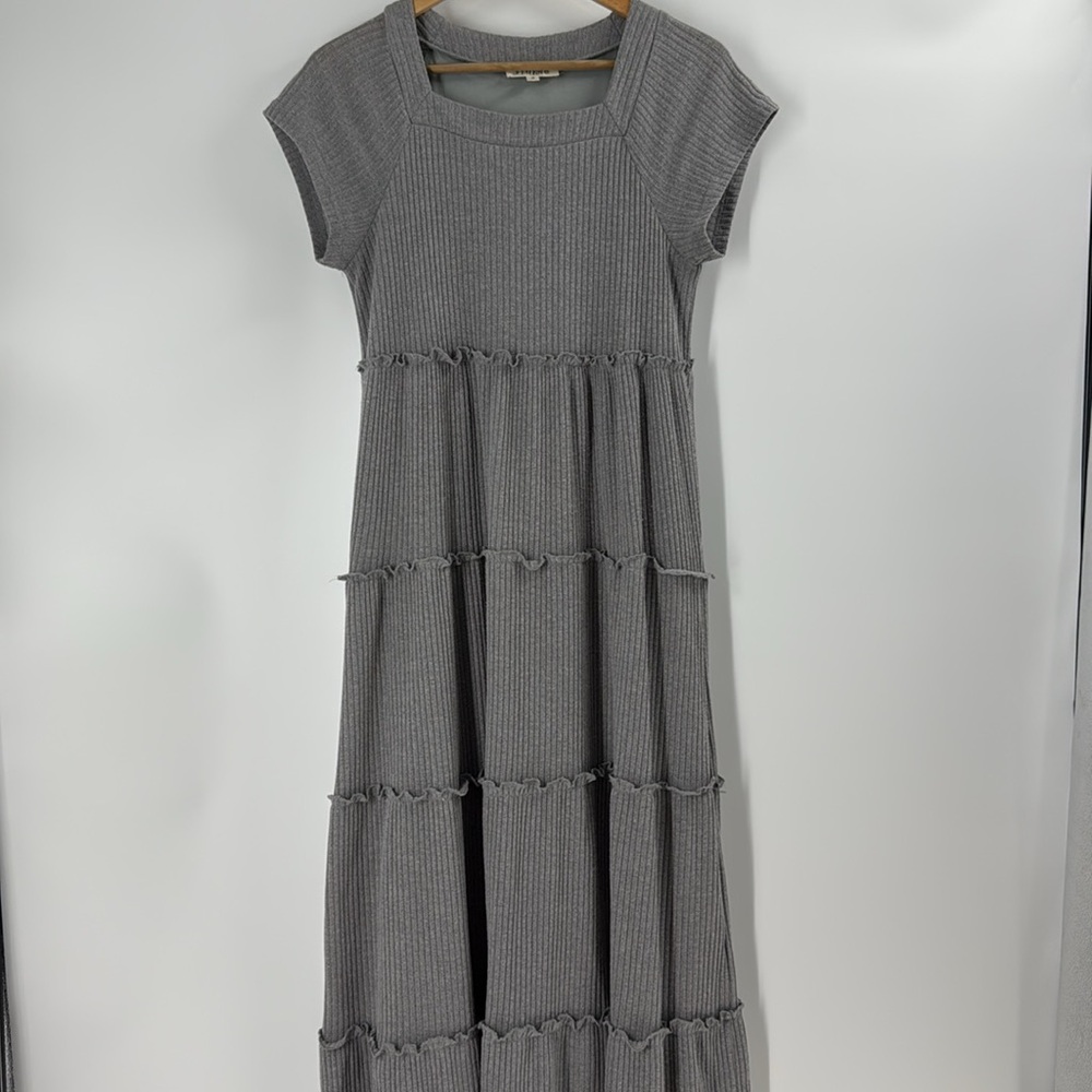 Listicile grey rib knit tiered maxi dress ruffle detail casual comfortable